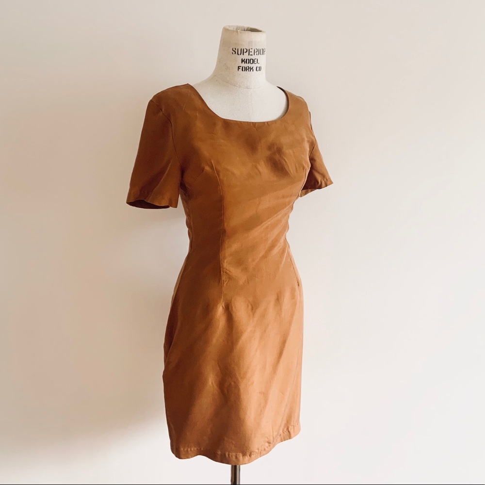 ❌SOLD❌ Vintage 90s 100% Silk Ochre Sheath Deadstock Dress - Picture 1 of 9